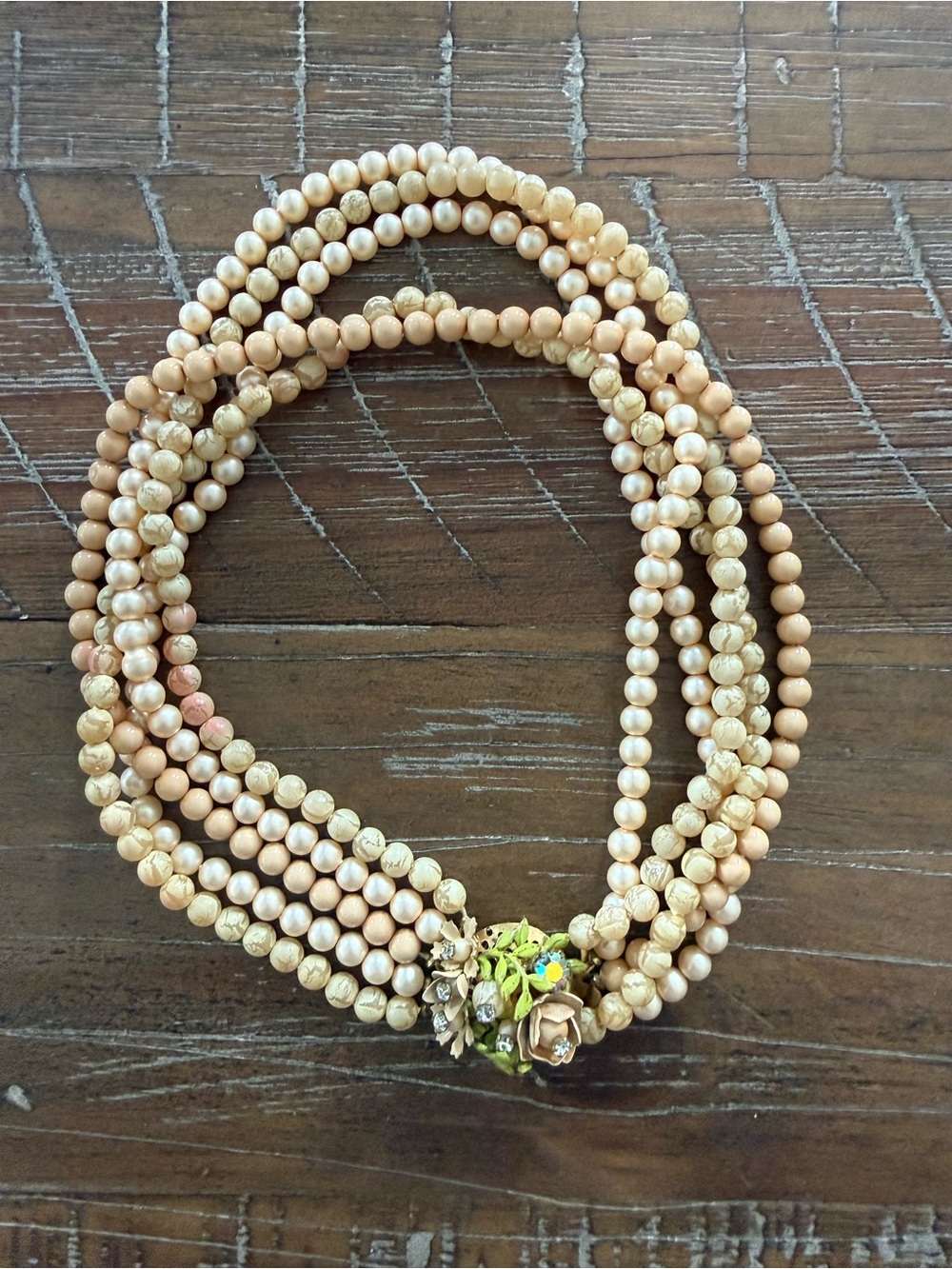 Vintage Beaded Multi-Strand Peach Necklace with Floral Clasp
